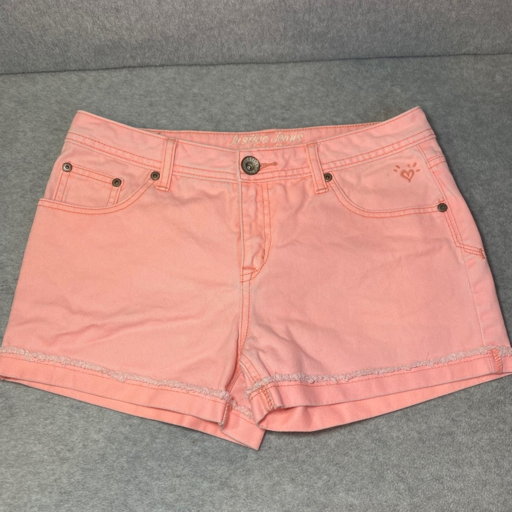 Justice Denim Shorts Girls Size 12.5 Pastel Peach Pink Summer Casual EUC - Picture 1 of 9